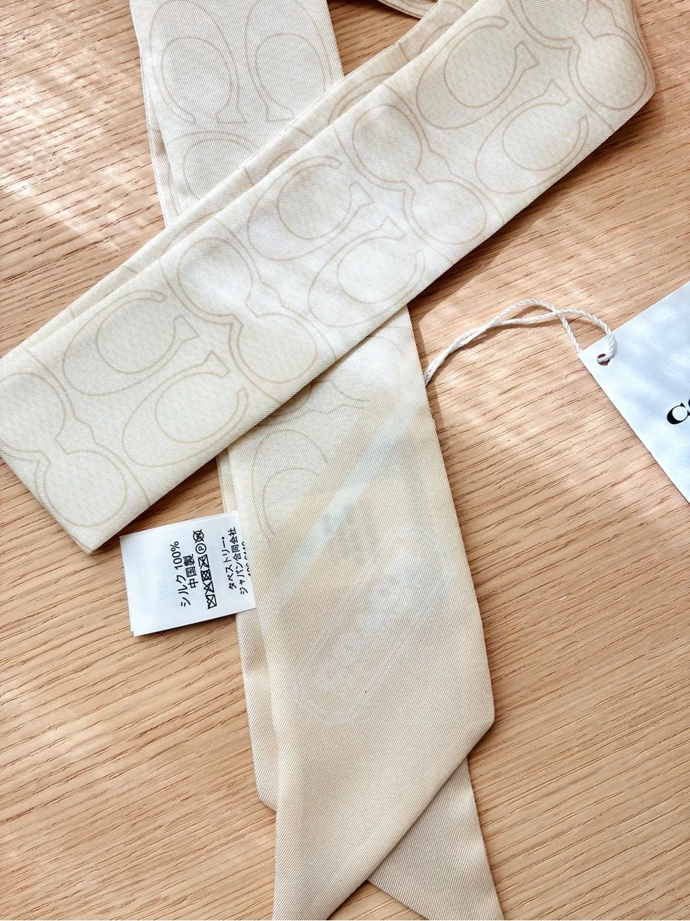 NWT🌾Coach Textured Signature Print Silk Skinny Scarf Chalk C2783 Cream Hair Gift